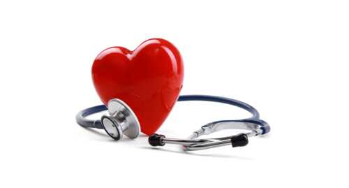 A red heart with a stethoscope around the heart. Illustrates that it listens for heart rhythm.