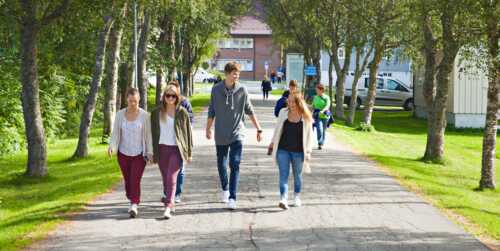 Nye studenter spaserer ute i nydelig augustvær, det er fire studenter. De går sammen på en grusve