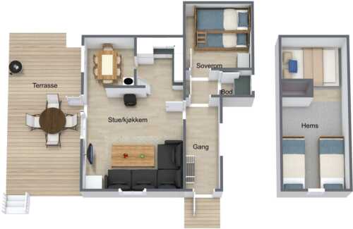 Floor plan of cabin. The drawing shows how it is furnished in the different rooms. There are several
