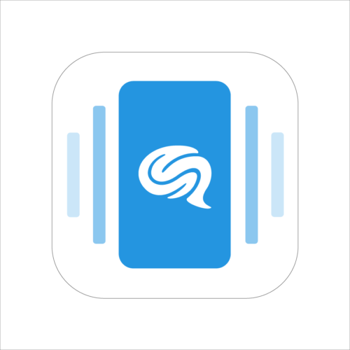Appens logo har blå bakgrunn med en hvit illustrasjons tegning av en hjerne 