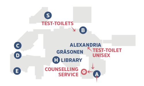 Kart som viser oversikten over hvor du finner selvtest toalettene som er på campus Bodø  