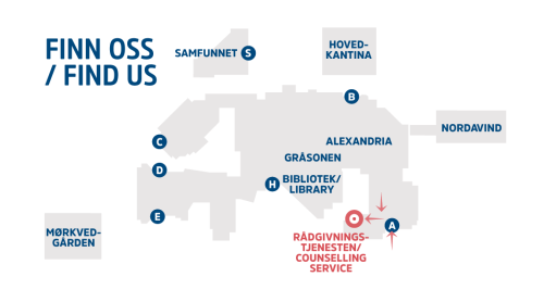 Map of the Bodø campus which illustrates where the counseling service is located. They are located 