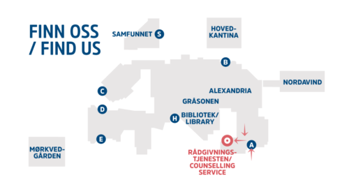 Kart over campus Bodø som illustrerer hvor rådgivningstjenesten holder til. De ligger ved A inngan
