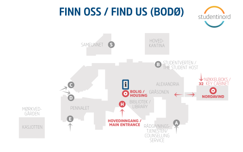 Map illustration showing where Nordavind is located in relation to other entrances at the university