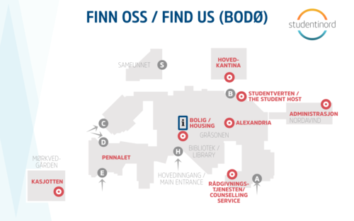 Kart som viser hvor boligkontoret ligger på campus Bodø 
