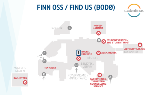 Et tegnet kart som viser oversikten over campus Bodø