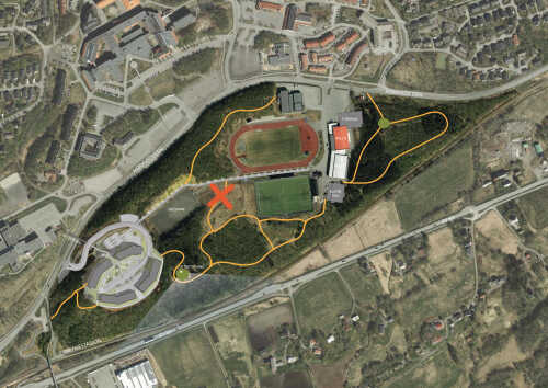 Fly bilde, oversikt over hvor treningsparken skal ligge, den er plassert like i nærheten av løpeba