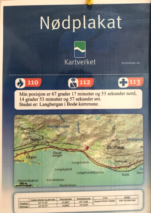Picture of the emergency poster showing which numbers to call if something should happen. It is also