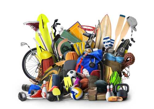 Illustrasjons bilde av masse utstyr, alt i fra volleyball, sovepose, sko, svømmeføtter, sykler, ve